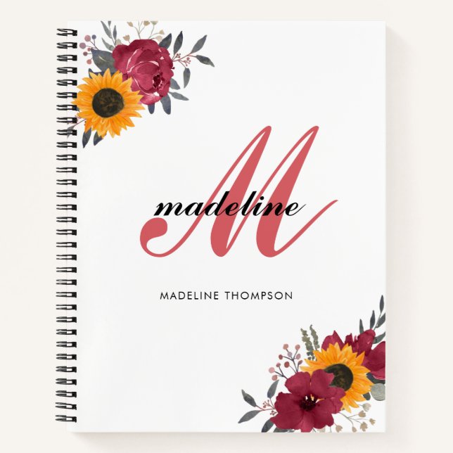 Floral Watercolor Sunflower Burgundy Monogram Notebook (Front)