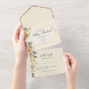 Floral Watercolor Sunflower Gold Geometric Wedding All In One Invitation