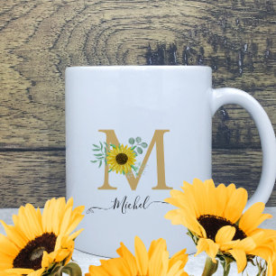 Floral Watercolor Sunflowers Monogram Name Coffee Mug