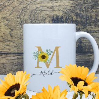 Floral Watercolor Sunflowers Monogram Name Coffee Mug