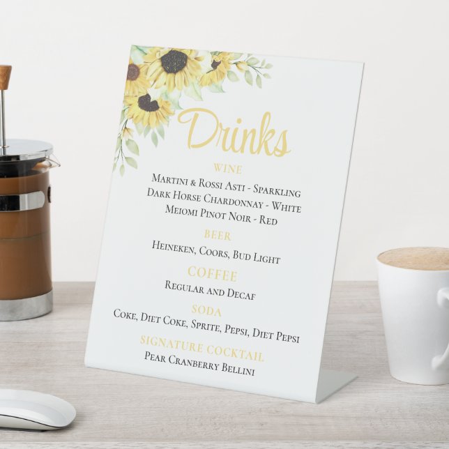 Floral Watercolor Sunflowers Wedding Drinks Bar Pedestal Sign (In SItu)