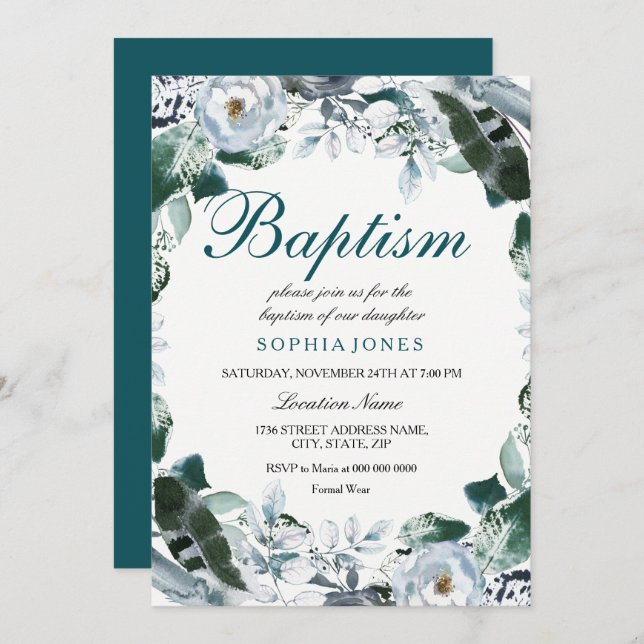 Floral Watercolor Teal Green Baptism Invitation (Front/Back)