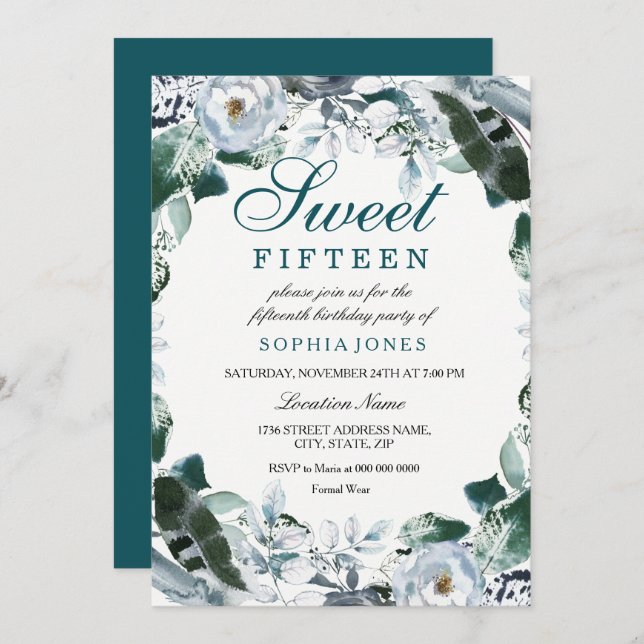 Floral Watercolor Teal Green Sweet 15 Party Invite (Front/Back)