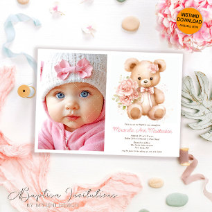 Floral Watercolor Teddy Bear, Photo Girl Baptism Invitation