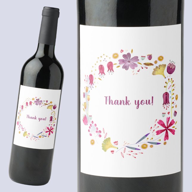 Floral Watercolor Thank You Wine Label (Watercolor wreath thank you bottle label)