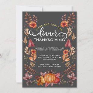 Floral Watercolor Thanksgiving Black Theme Dinner Invitation