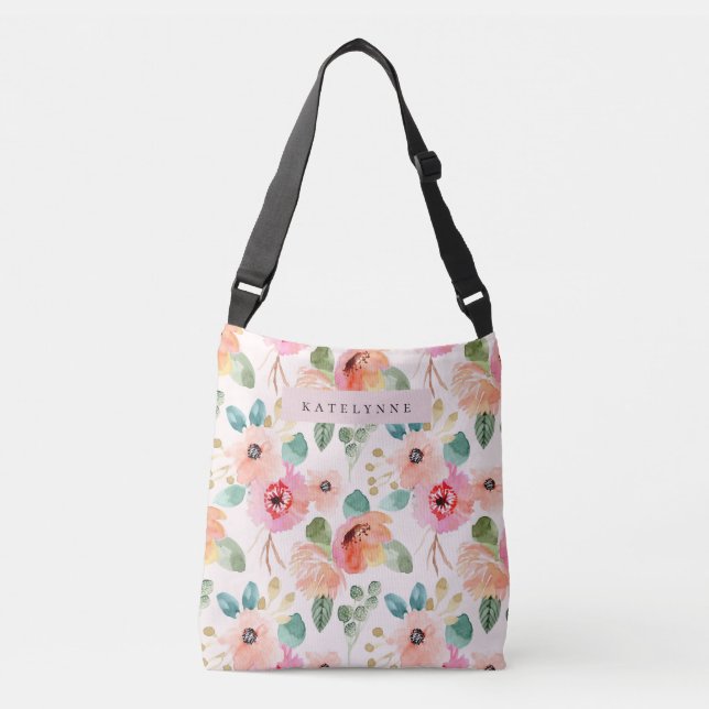 Floral Watercolor Tote Flowers Crossbody Bag (Front)