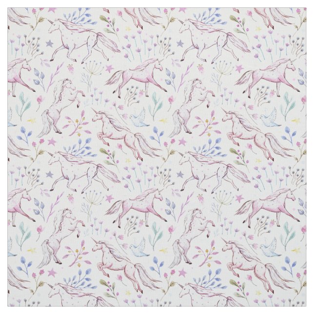 Floral Watercolor Unicorn Pattern Fabric (Swatch)