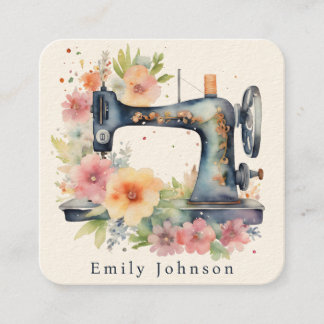 Floral Watercolor Vintage Sewing Machine Fashion  Square Business Card