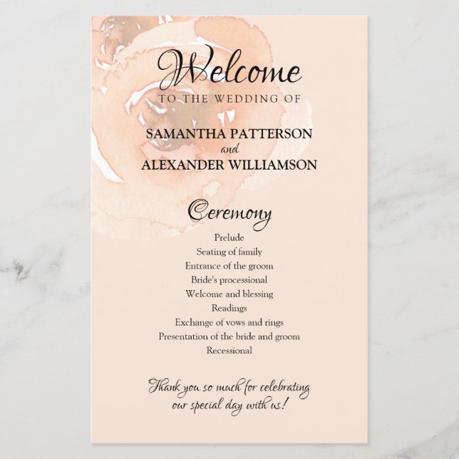 Floral Watercolor Wedding Program Paper Sheet (Front)