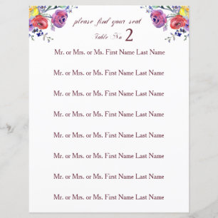 Floral Watercolor Wedding Table Seating Sign