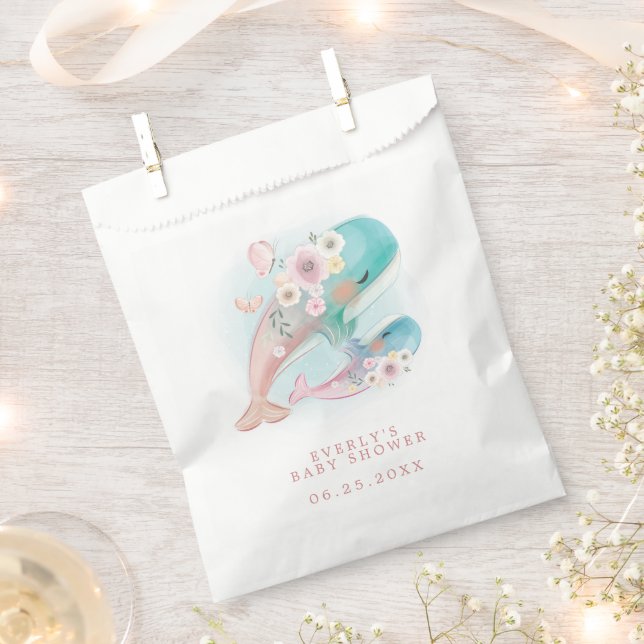 Floral Watercolor Whales Girl Baby Shower Favour Bag (Clipped)