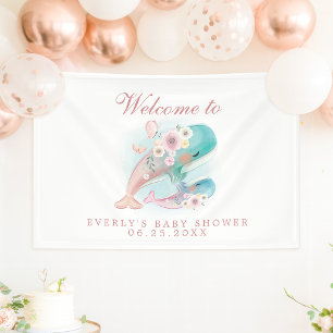 Floral Watercolor Whales Girl Baby Shower Welcome Banner