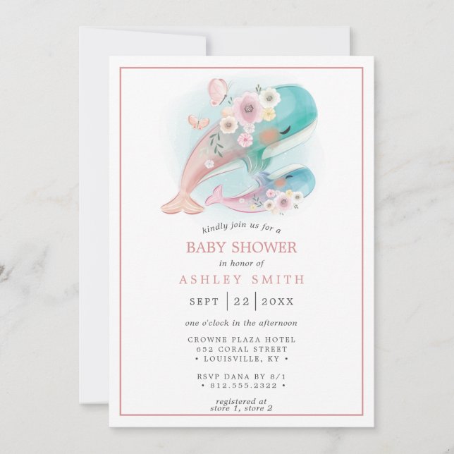 Floral Watercolor Whales Girl Leigh-Ann Invitation (Front)