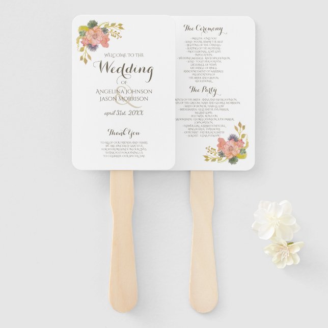 Floral Watercolor White Wedding Program Hand Fans (Front and Back)