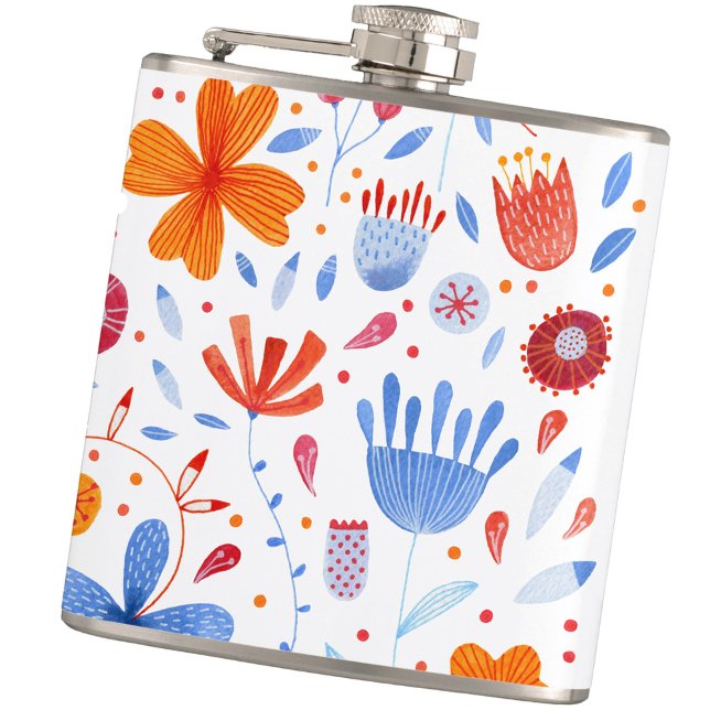 Floral Watercolor Wildflower Pattern Hip Flask (Blue white and orange wildflower floral watercolor pattern hip flask)