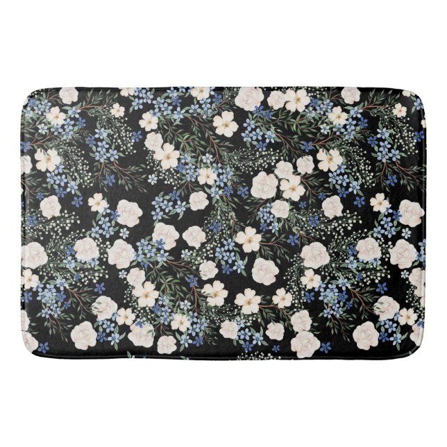 Floral Watercolor Wildflowers Pink Blue Leaves Bath Mat (Front)