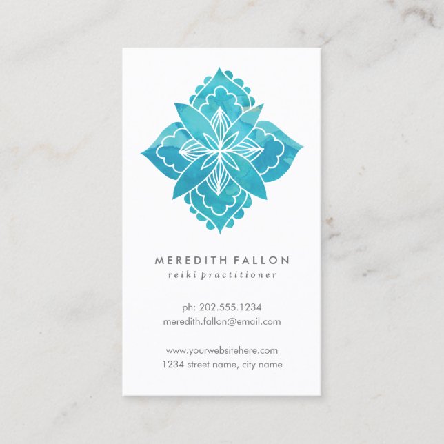 Floral Watercolor with Abstract Blue Flower Business Card (Front)