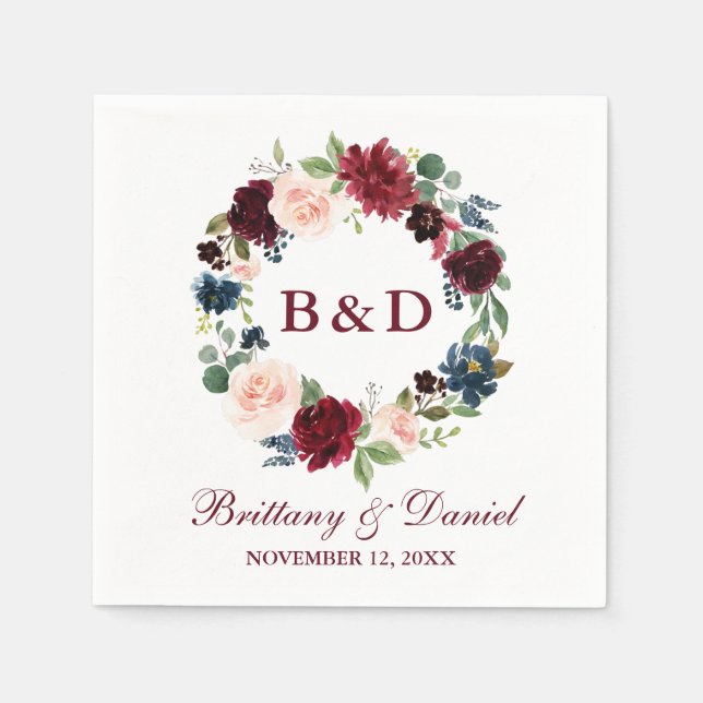 Floral Watercolor Wreath Burgundy Blue Wedding Napkin (Front)