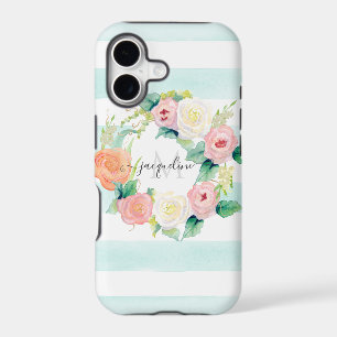 Floral Watercolor Wreath Mint Pink Striped w Name