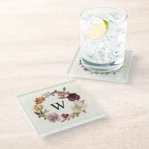 Floral Watercolor Wreath Monogram Beige Glass Coaster