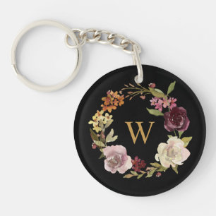 Floral Watercolor Wreath Monogram Black Key Ring