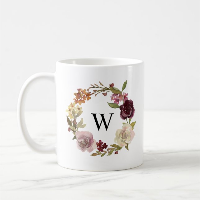 Floral Watercolor Wreath Monogram Coffee Mug (Left)
