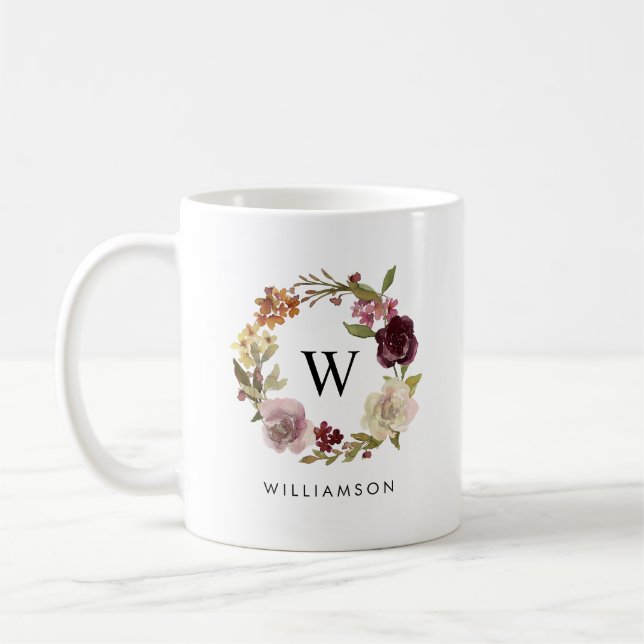 Floral Watercolor Wreath Monogram Family Name Coffee Mug (Left)