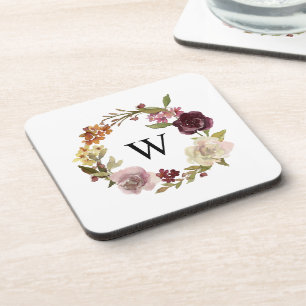 Floral Watercolor Wreath Monogram White Coaster
