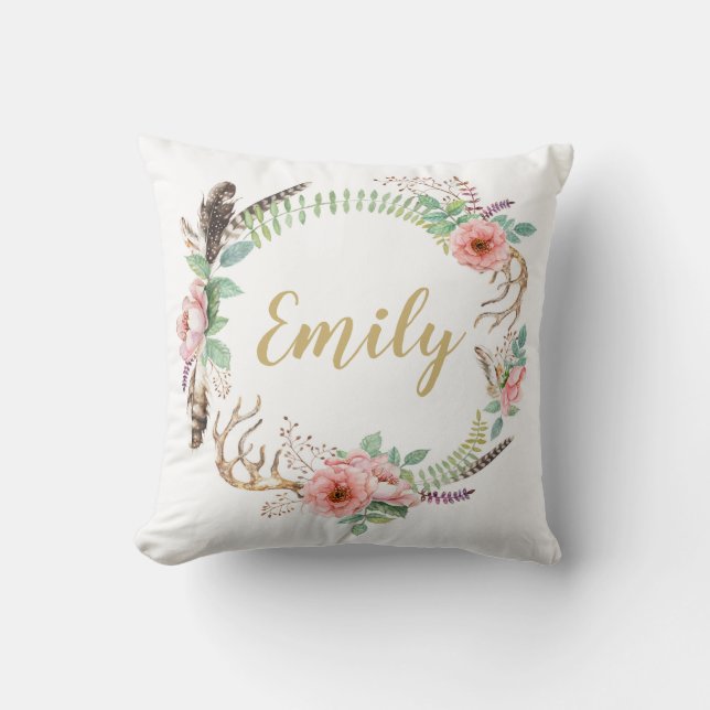 Floral Watercolor Wreath Personalized Cushion (Front)