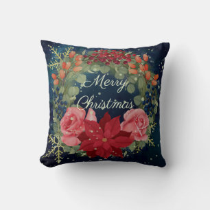 Floral watercolor wreath poinsettia and roses cushion