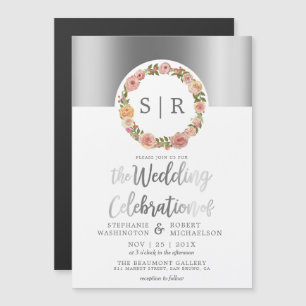 Floral Watercolor Wreath Silver Script Wedding Magnetic Invitation