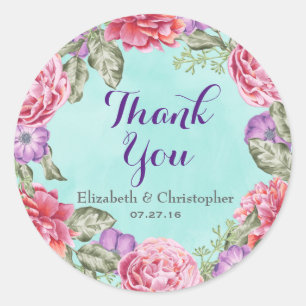 Floral Watercolor Wreath Wedding Thank You Classic Round Sticker