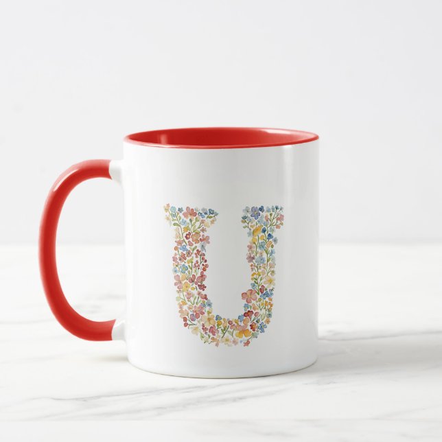 Floral Watercolour Letter U Monogram Mug (Left)