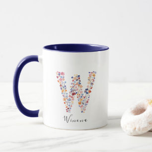Floral Watercolour Letter W Monogram & Custom Name Mug