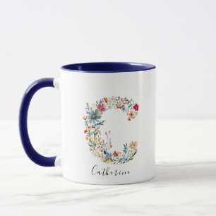 Floral Watercolour Name & Letter C Monogram Mug