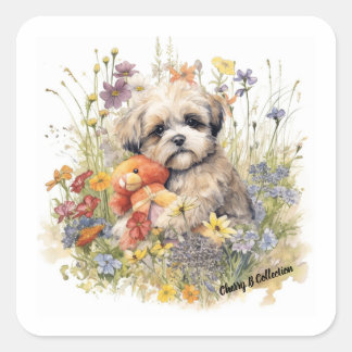 Floral Watercolour Shih Tzu hugging a Teddy Bear  Square Sticker
