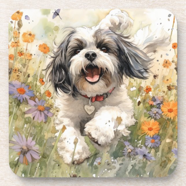 Floral Watercolour Shih Tzu running through flower Coaster (Front)