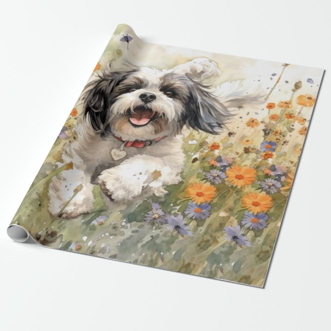 Floral Watercolour Shih Tzu running through flower Wrapping Paper (Unrolled)