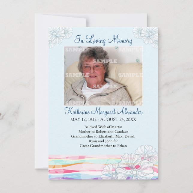 Floral Waves Blue Memorial Notice Invitation (Front)