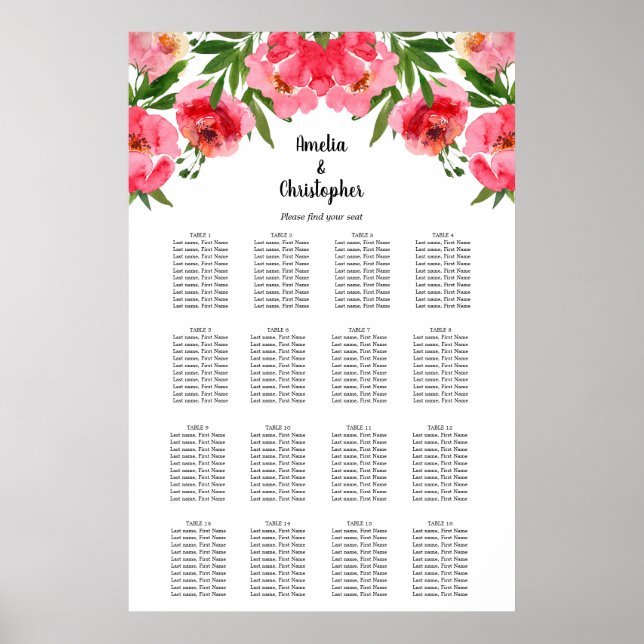 Floral Wedding 16 Table Seating Chart (Front)