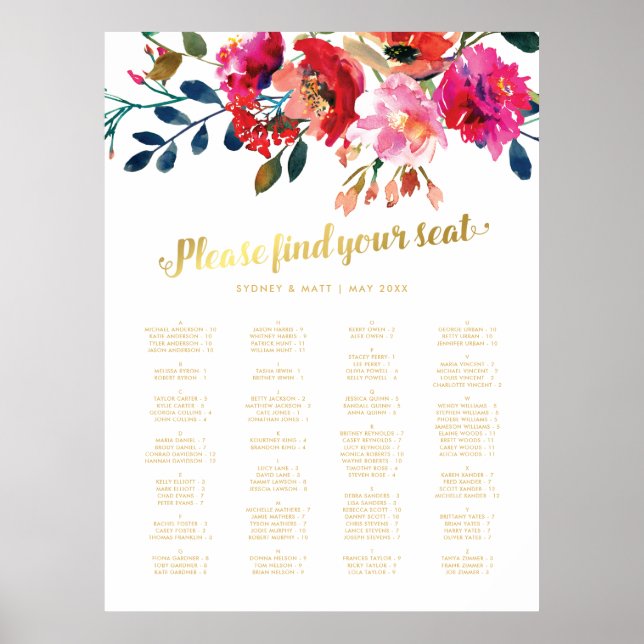 Floral Wedding Alphabetical Table Seating Chart (Front)