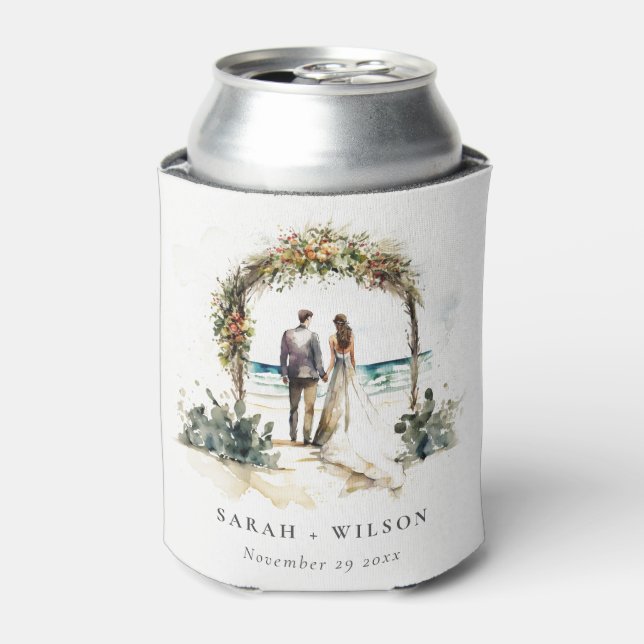 Floral Wedding Arch Coastal Beach Seascape Wedding Can Cooler (Can Front)