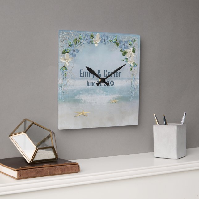 Floral Wedding Arch with Nautical Net Square Wall Clock (Office)
