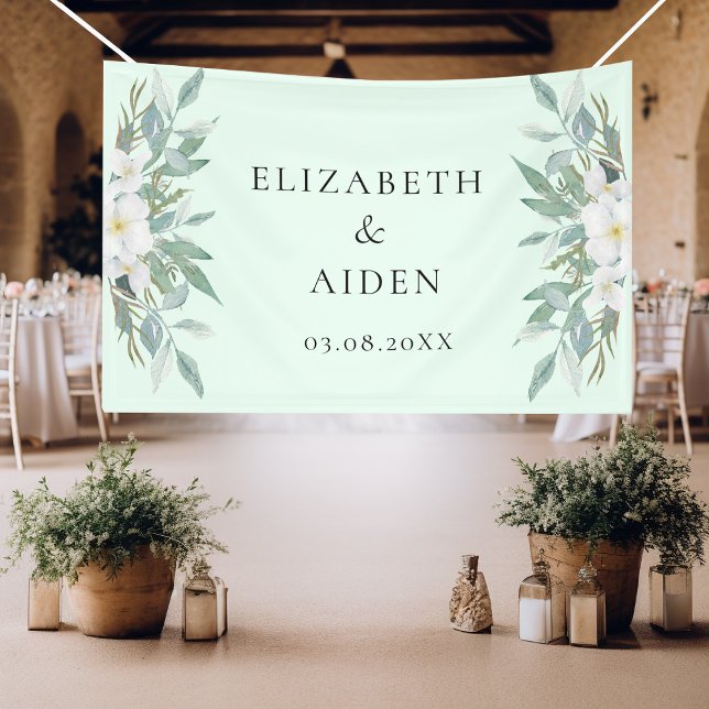 Floral Wedding Banner (Beautiful, botanical, greenery & elegant, white flower, banner with your name and date.)