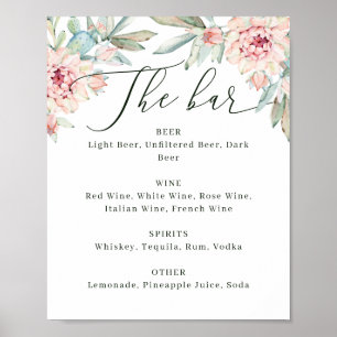 Floral Wedding Bar Menu Sign. Watercolor Botanical Poster