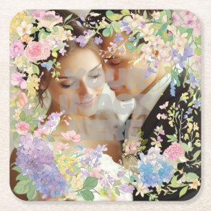 Floral Wedding Border Customisable Image Square Paper Coaster