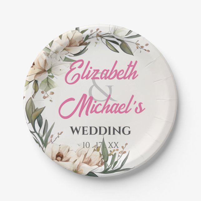 Floral Wedding Botanical Sketch Drawing Customise Paper Plate (Front)
