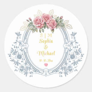 Floral Wedding Crest, Vintage Gold Monogram Frame Classic Round Sticker