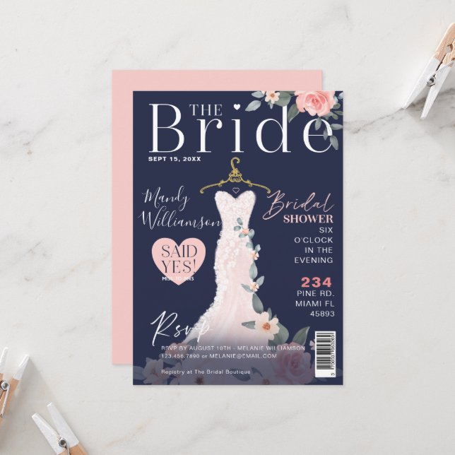 Floral Wedding Dress Bridal Shower Magazine Cover  Invitation (Front/Back In Situ)